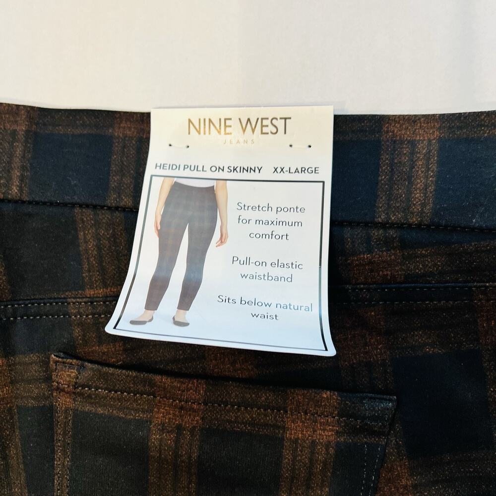 Nine West Plaid Pants XXL Heidi Pull On Skinny Stretchy Brown Black NWT A0135 - Picture 6 of 8